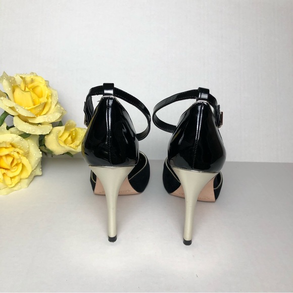 White House Black Market (WHBM) Suede Strappy Heels with Black Patent Leather - Picture 3 of 5